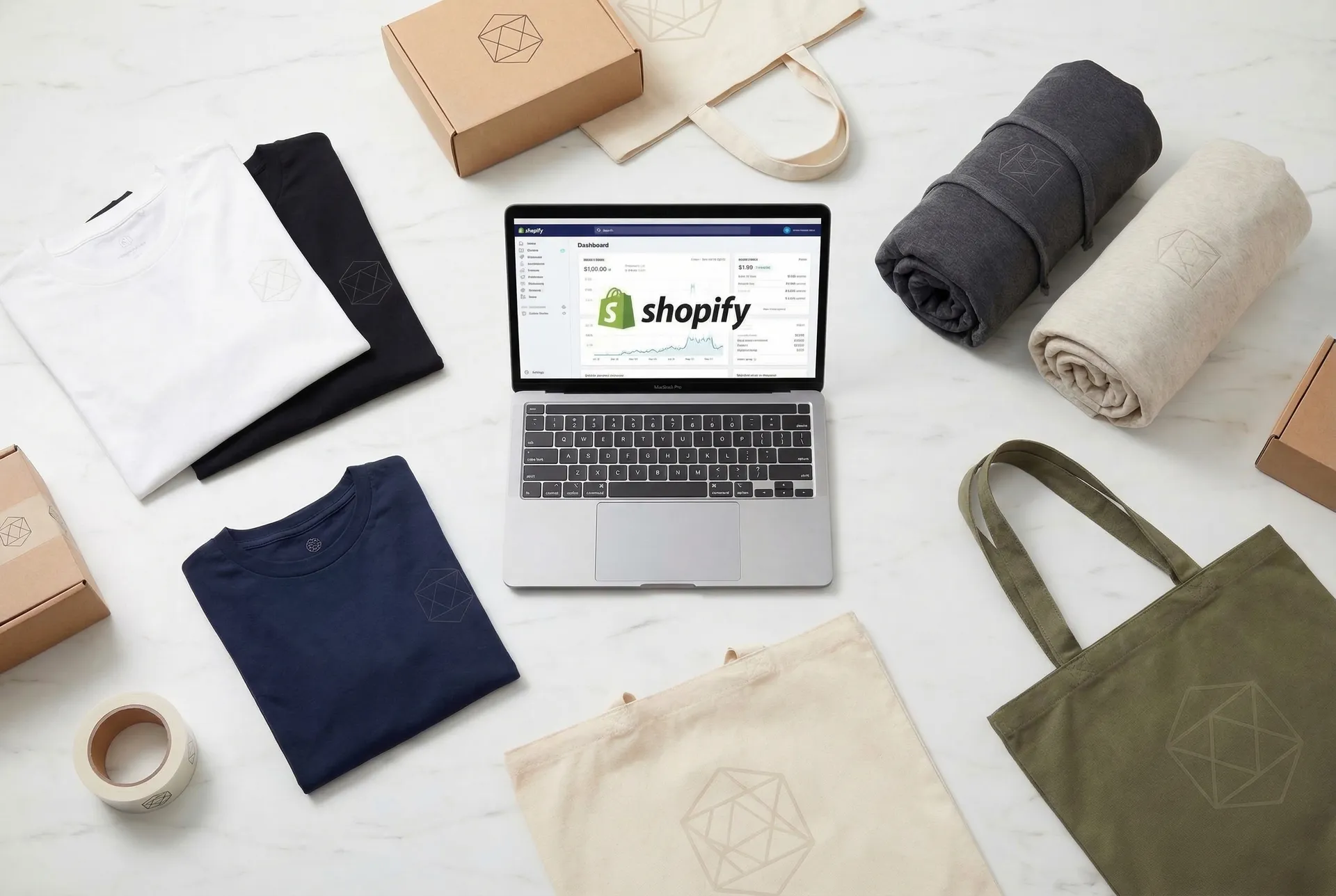 Laptop mit Shopify-Dashboard und bedruckten T-Shirts, Hoodies und Taschen