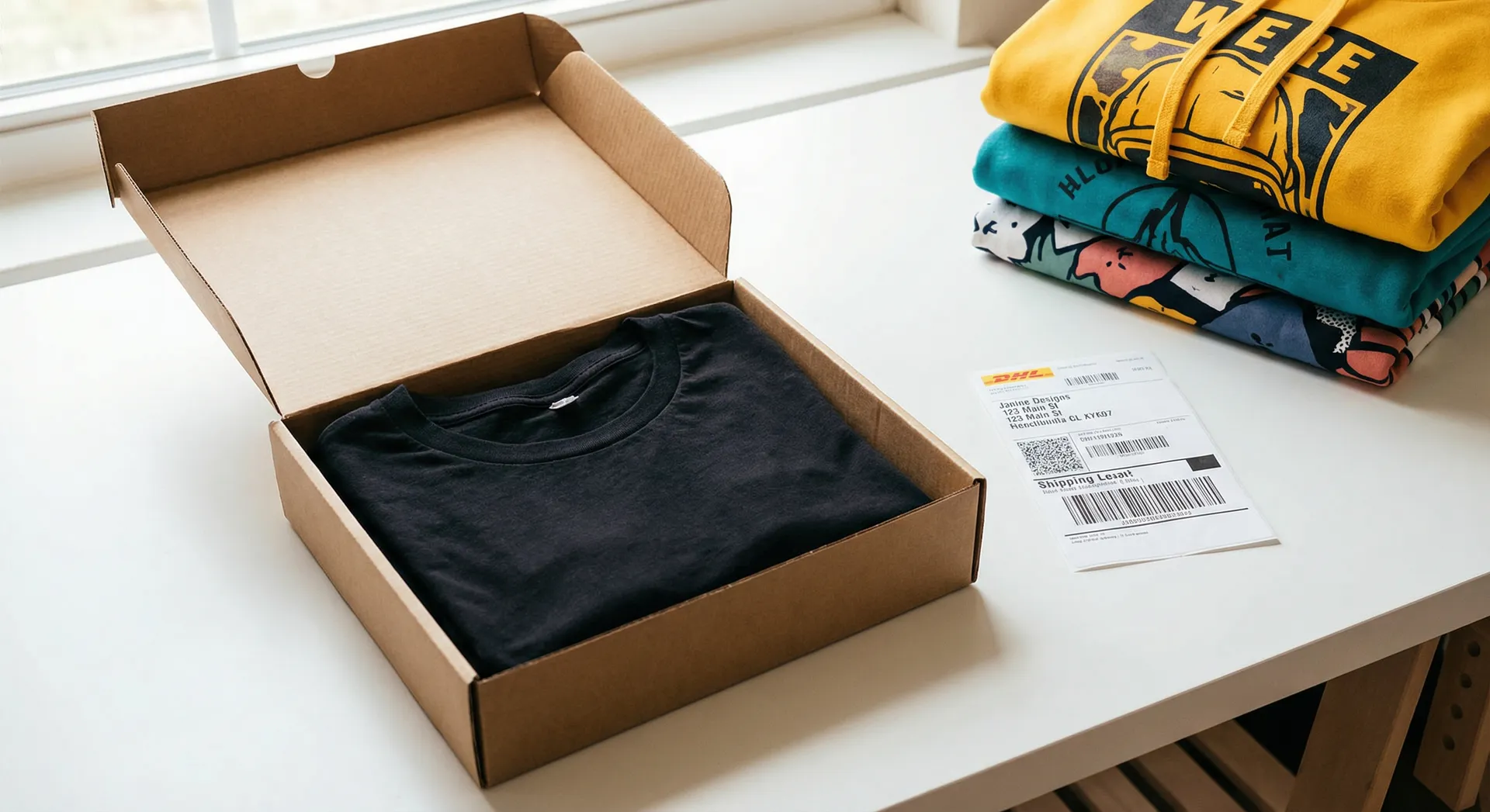Bedrucktes T-Shirt im offenen Versandkarton mit DHL-Label