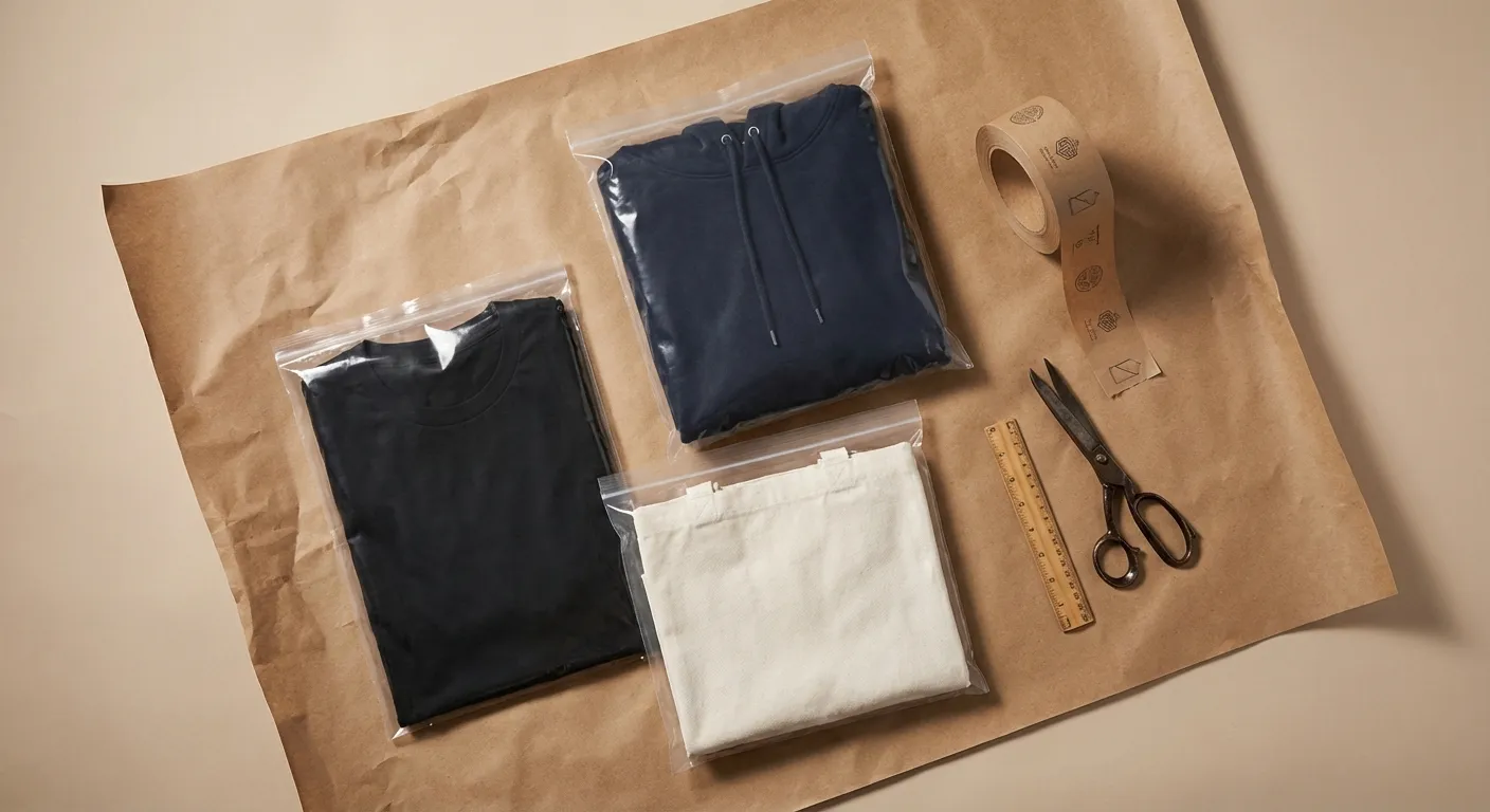 Einzeln verpackte Textilien bereit für den Versand: T-Shirt, Hoodie und Tasche