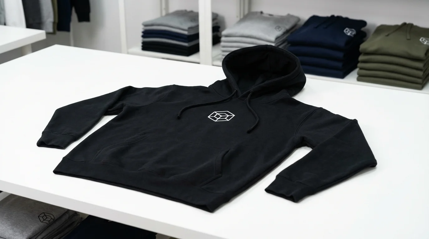Schwarzer Hoodie mit Logo-Druck auf weißem Tisch, Textilregale im Hintergrund