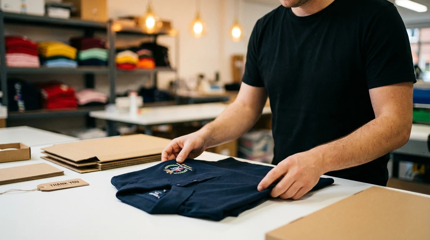 Mitarbeiter faltet bedrucktes Polo-Shirt für den Versand in der Werkstatt